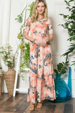 Celeste Paisley Print Short Sleeve Maxi Dress with Pockets