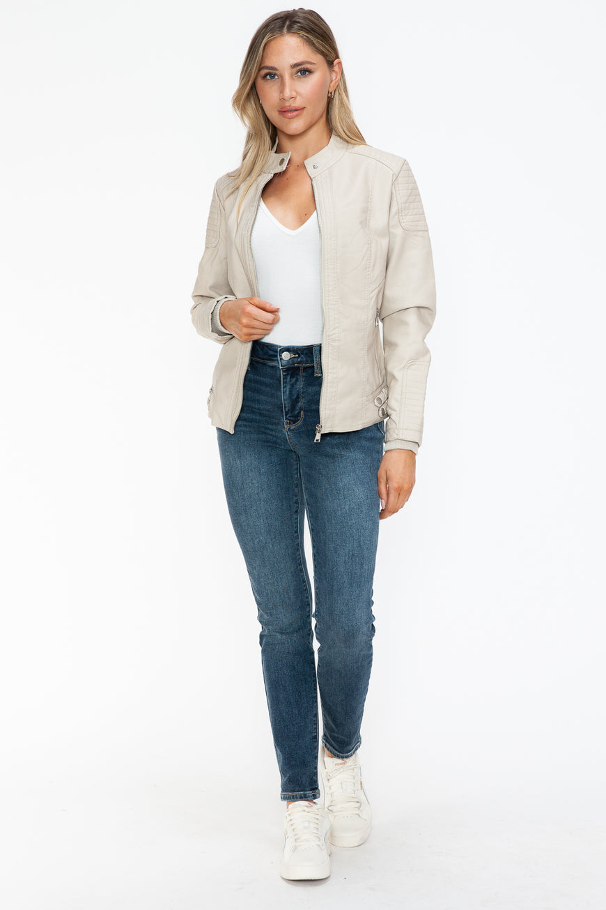 Snobbish Faux Leather Biker Jacket with Side Zip Pockets - TopFashionHQ