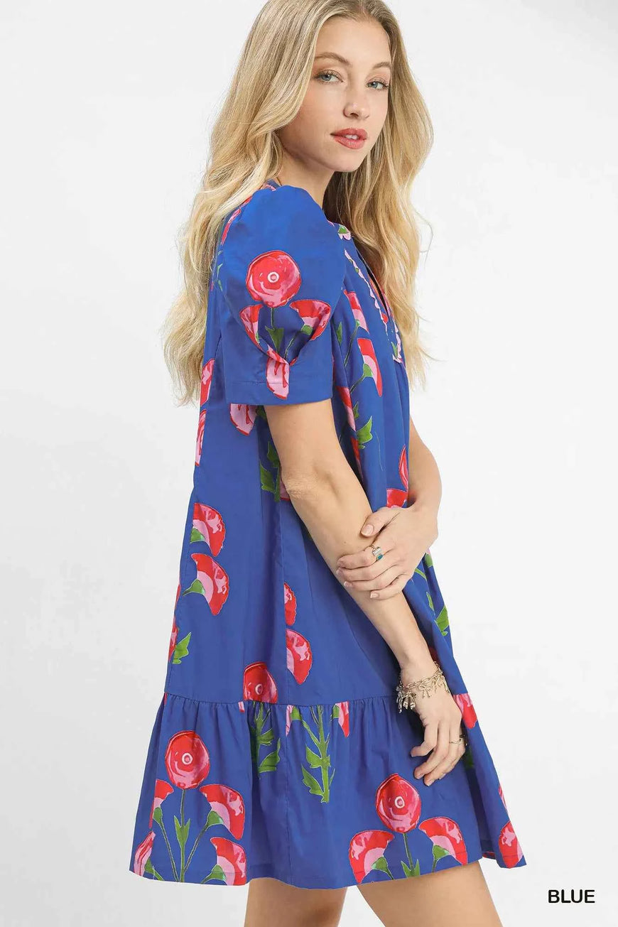 Umgee Floral Print Puff Sleeve Mini Dress with Scallop Trim