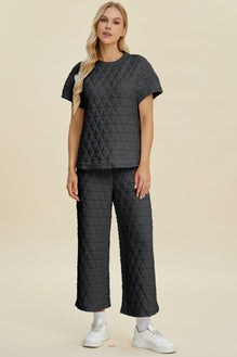 Double Take Full Size Texture Round Neck Short Sleeve Top and Pants Set