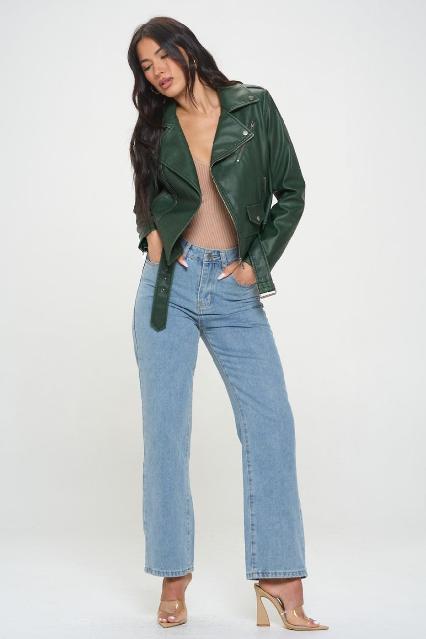 Coalition LA Zip Up Biker Jacket with Belt - TopFashionHQ