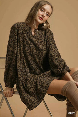 Umgee Leopard Print Long Sleeve Swing Dress