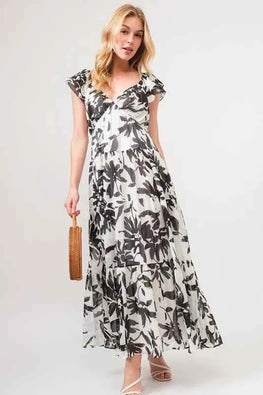 And The Why Ruffled Sleeve Tiered Floral Print Maxi Dress