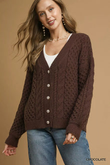 Umgee Cable Knit Pearl Button Cardigan