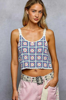 POL Scalloped Edge Cropped Crochet Cami with Granny Square Pattern