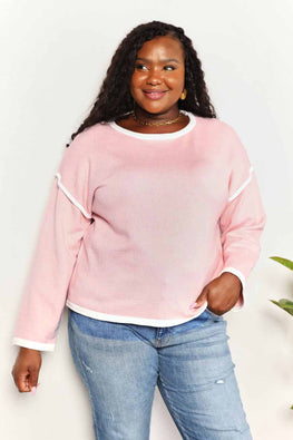 Double Take Contrast Detail Dropped Shoulder Knit Top - TopFashionHQ