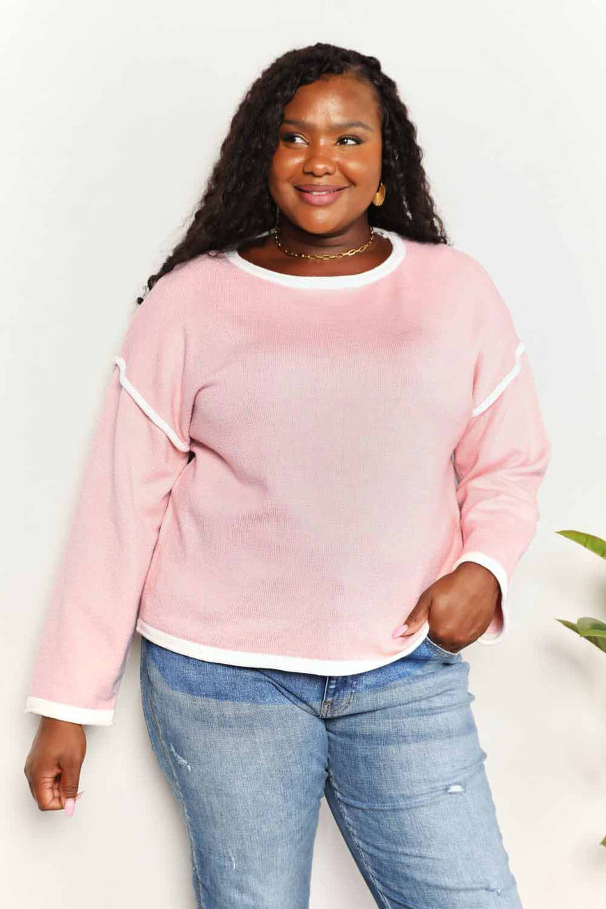 Double Take Contrast Detail Dropped Shoulder Knit Top - TopFashionHQ