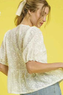 Umgee Embroidered Tie Front Peplum Blouse