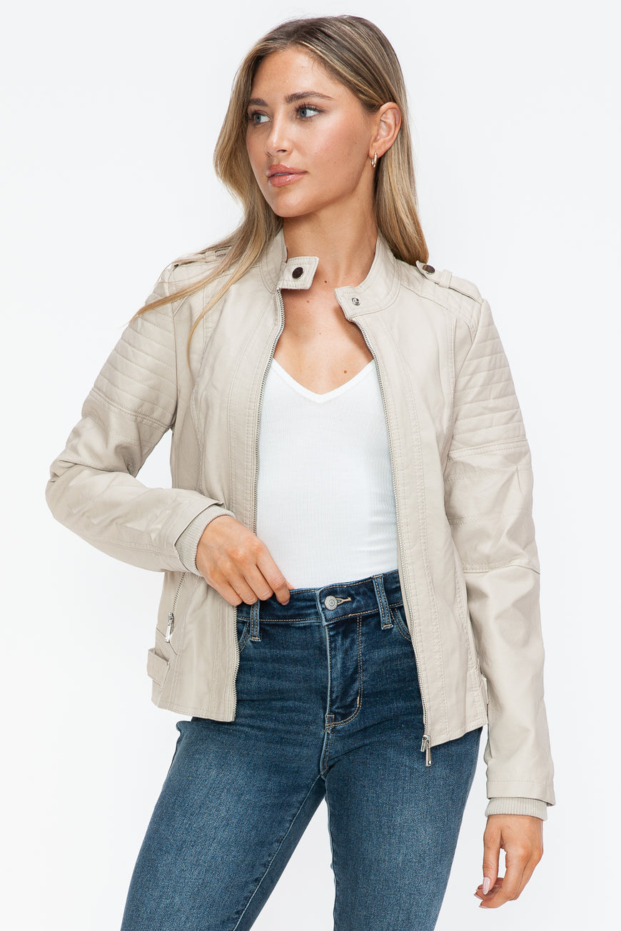 Snobbish PU Leather Biker Jacket with Side Zip Pockets - TopFashionHQ