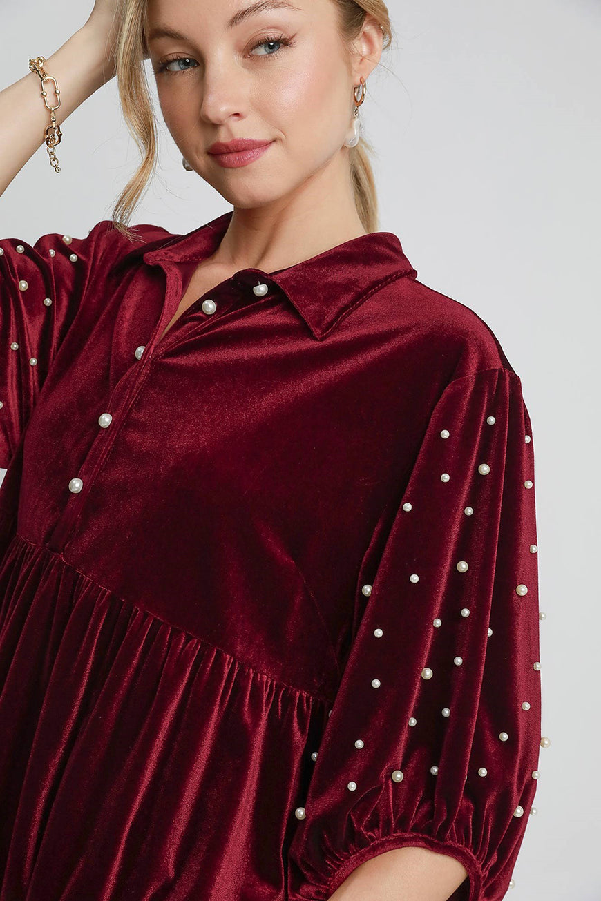 Umgee Pearl Detail Collared Neck Velvet Babydoll Blouse - TopFashionHQ
