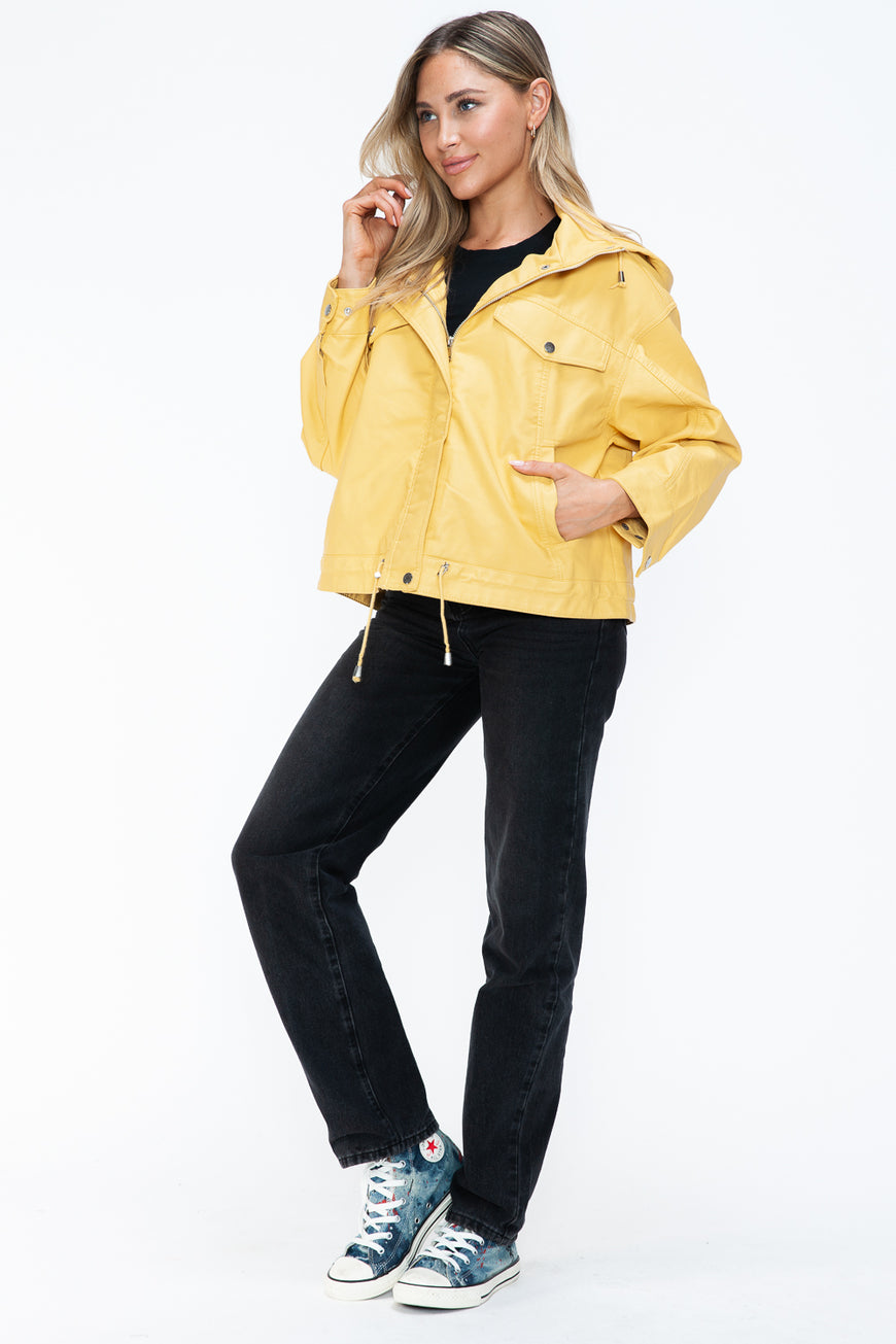 How Dare U Drawstring Hem PU Leather Zip Up Jacket - TopFashionHQ