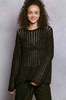 POL Openwork Round Neck Knit Top with Shiny Detail