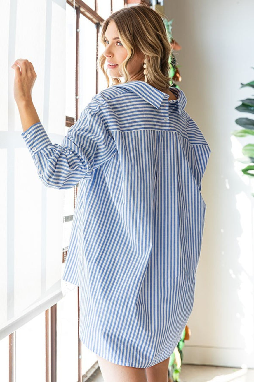 First Love Striped Button Down High-Low Hem Shirt - TopFashionHQ