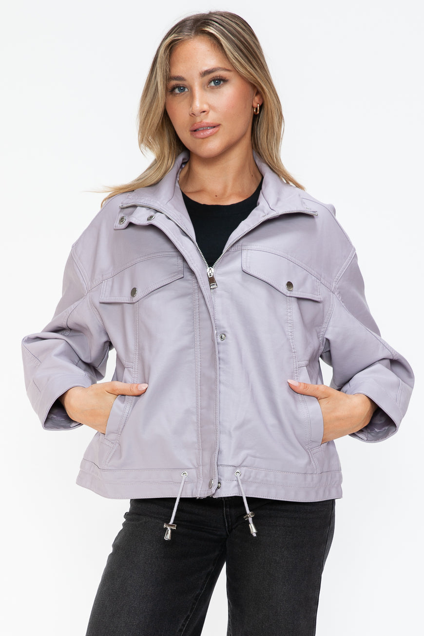How Dare U Drawstring Hem PU Leather Zip Up Jacket - TopFashionHQ