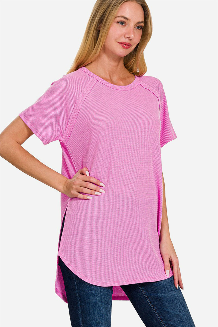 Zenana Slit Round Neck Short Sleeve Waffle Top - TopFashionHQ