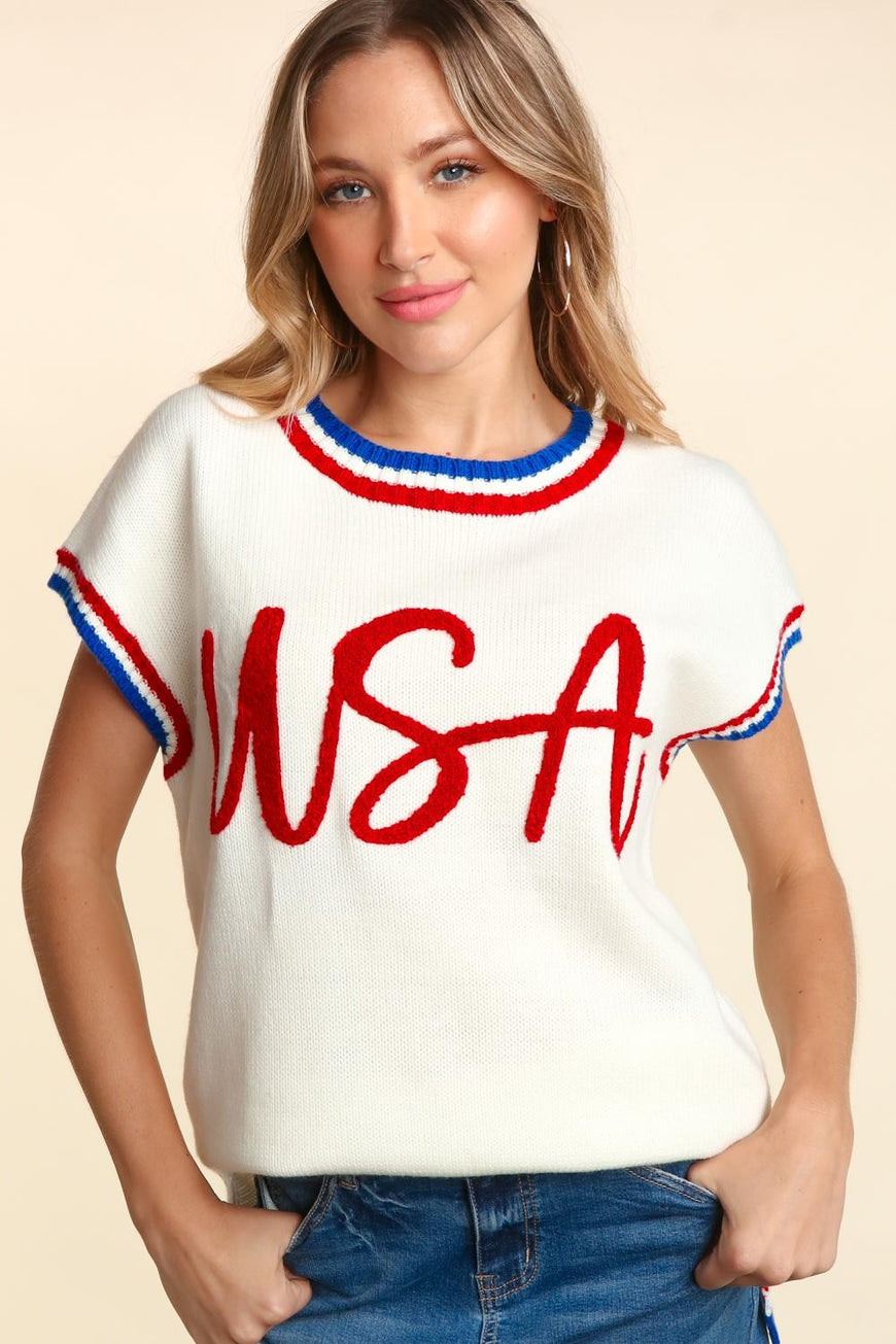Haptics Letter Embroidery Slit Knit Top - TopFashionHQ