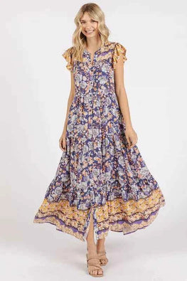 Mittoshop Floral Ruffled Notched Cap Sleeve Maxi Dress