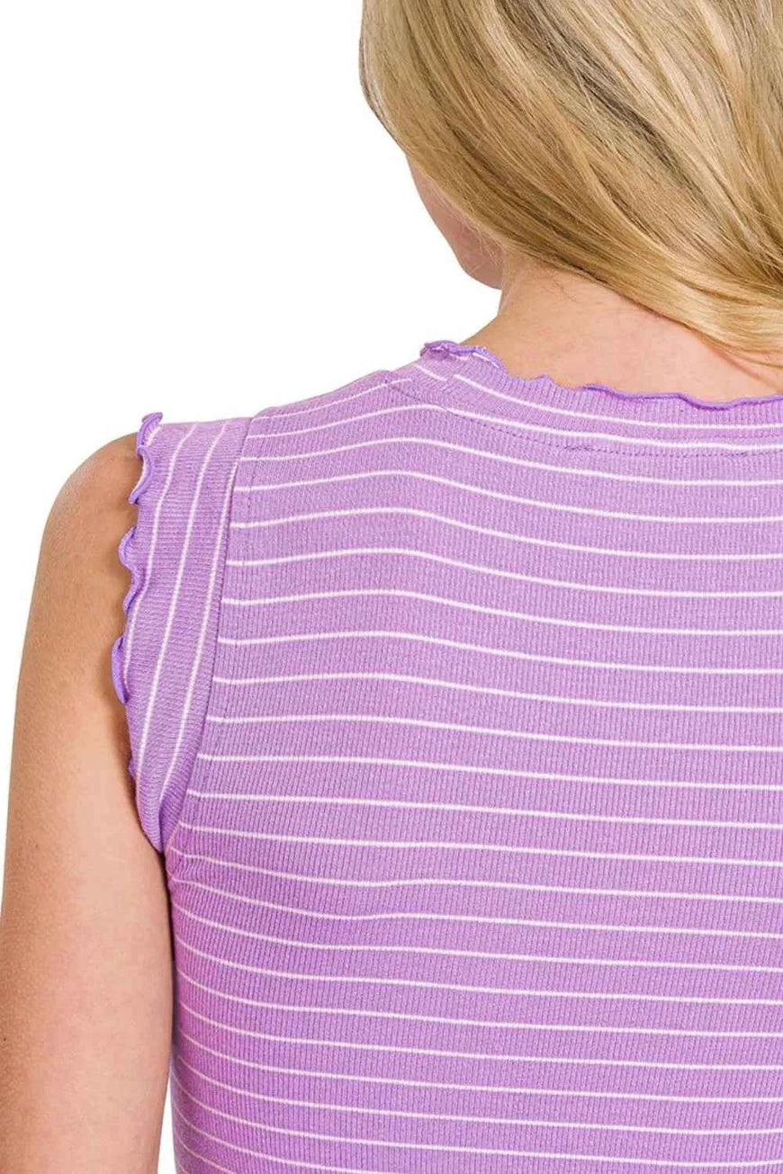 Zenana Ribbed Ruffle Trim Sleeveless Stripe Top