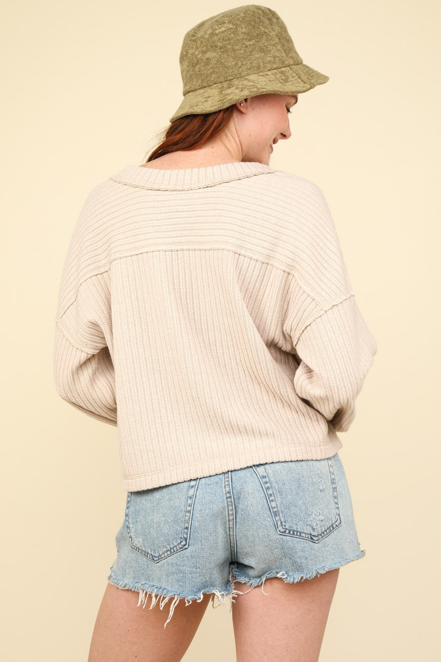VERY J Exposed Seam V-Neck Ribbed Knit Top - TopFashionHQ