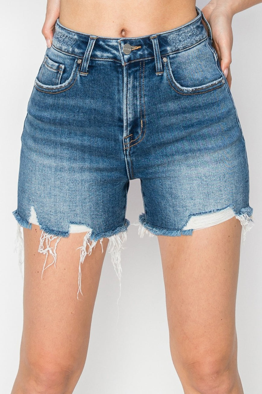RISEN High Rise Raw Hem Distressed Denim Shorts - TopFashionHQ