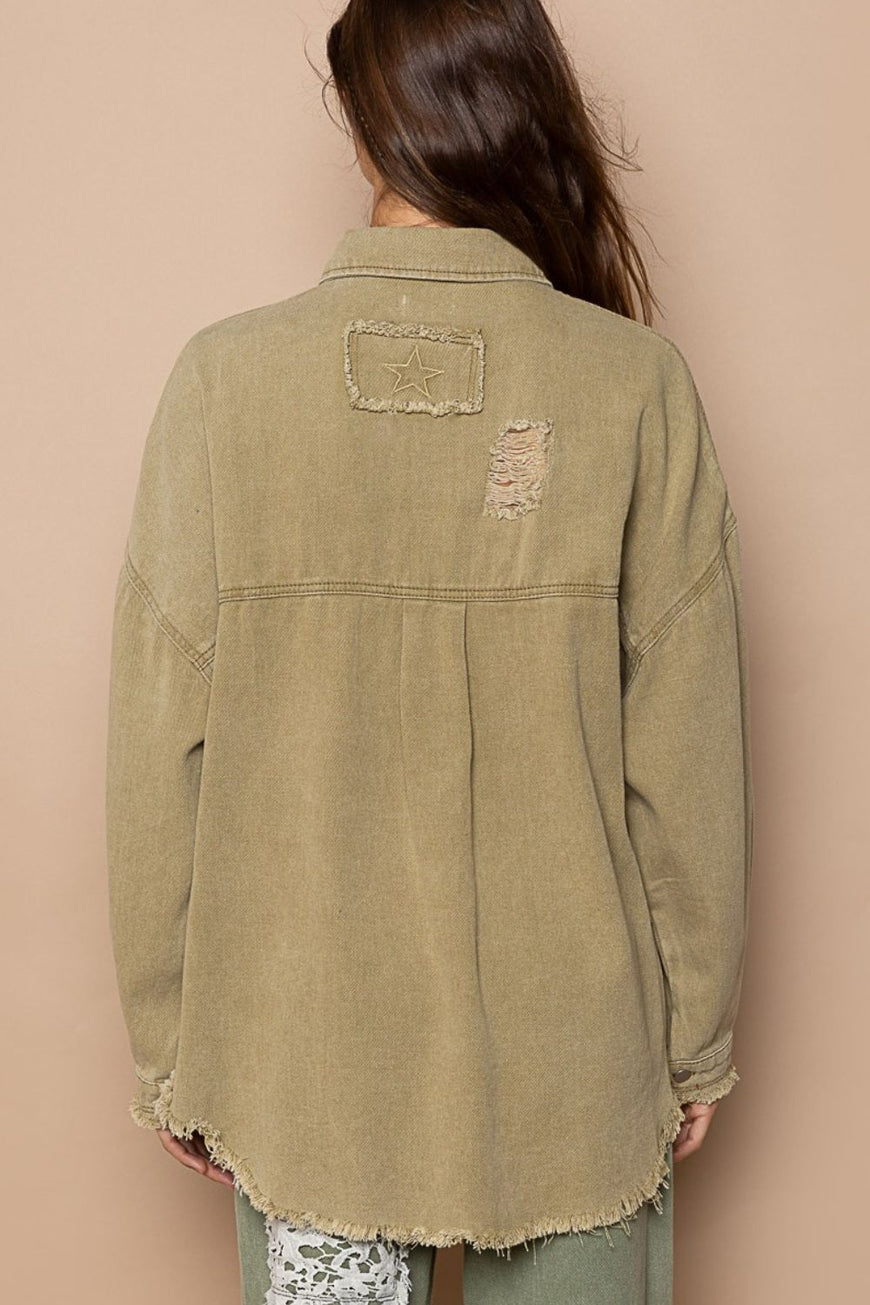 POL Button Down Raw Hem Distressed Shacket - TopFashionHQ