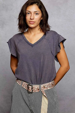 POL V-Neck Short Sleeve T-Shirt with Ruffle Sleeve