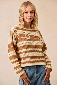 BiBi Striped Open Knit Sweater Top with Front Braided Detail