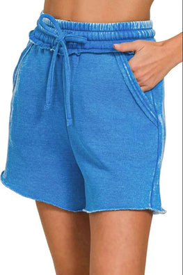 Zenana Acid Wash Fleece Drawstring Shorts With Pockets