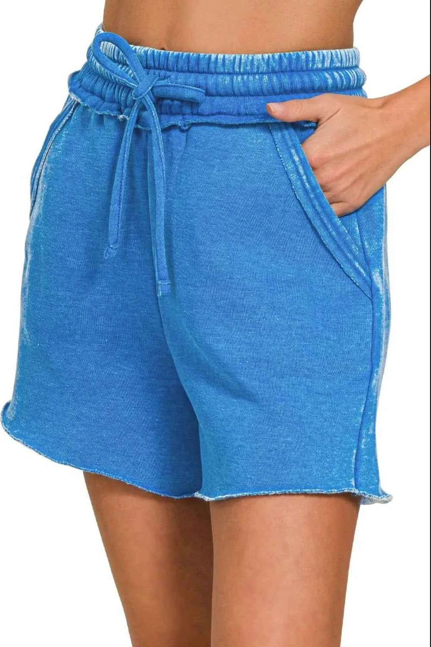 Zenana Acid Wash Fleece Drawstring Shorts With Pockets