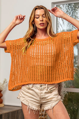 BiBi Hollowed Out Short Sleeve Knit Cover Up