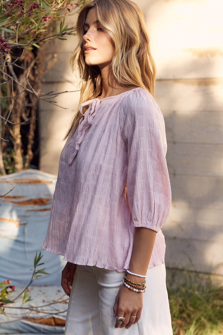 In February Textured Tie Neck Blouse - TopFashionHQ