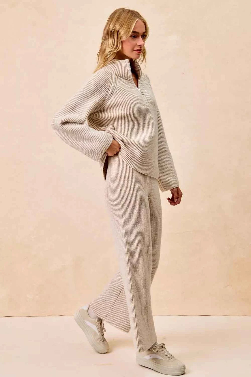 BiBi Two Tone Rib Texured Knit Collared Top with Zip Up