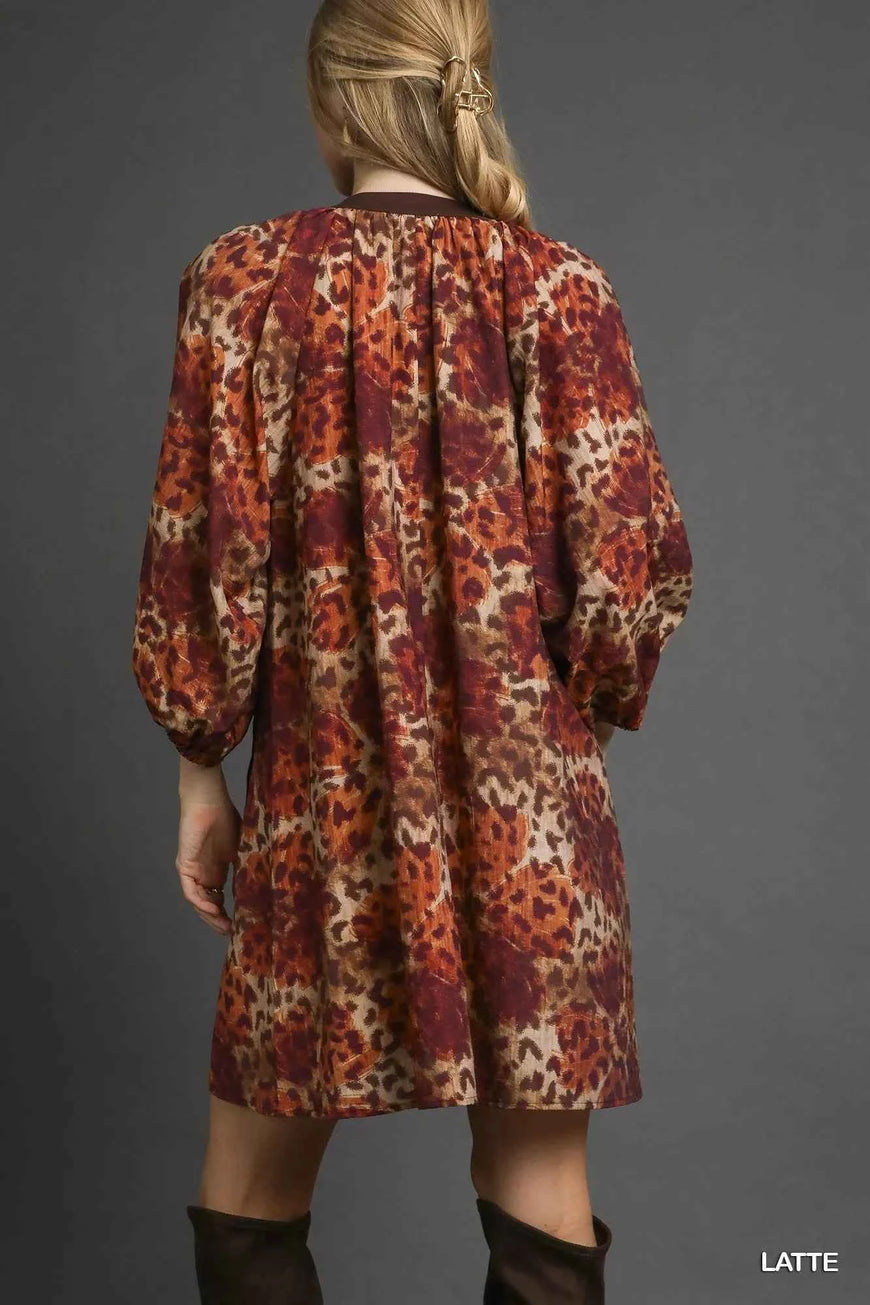 Umgee Animal Print Boho Tunic Dress with Contrast Trim Detail