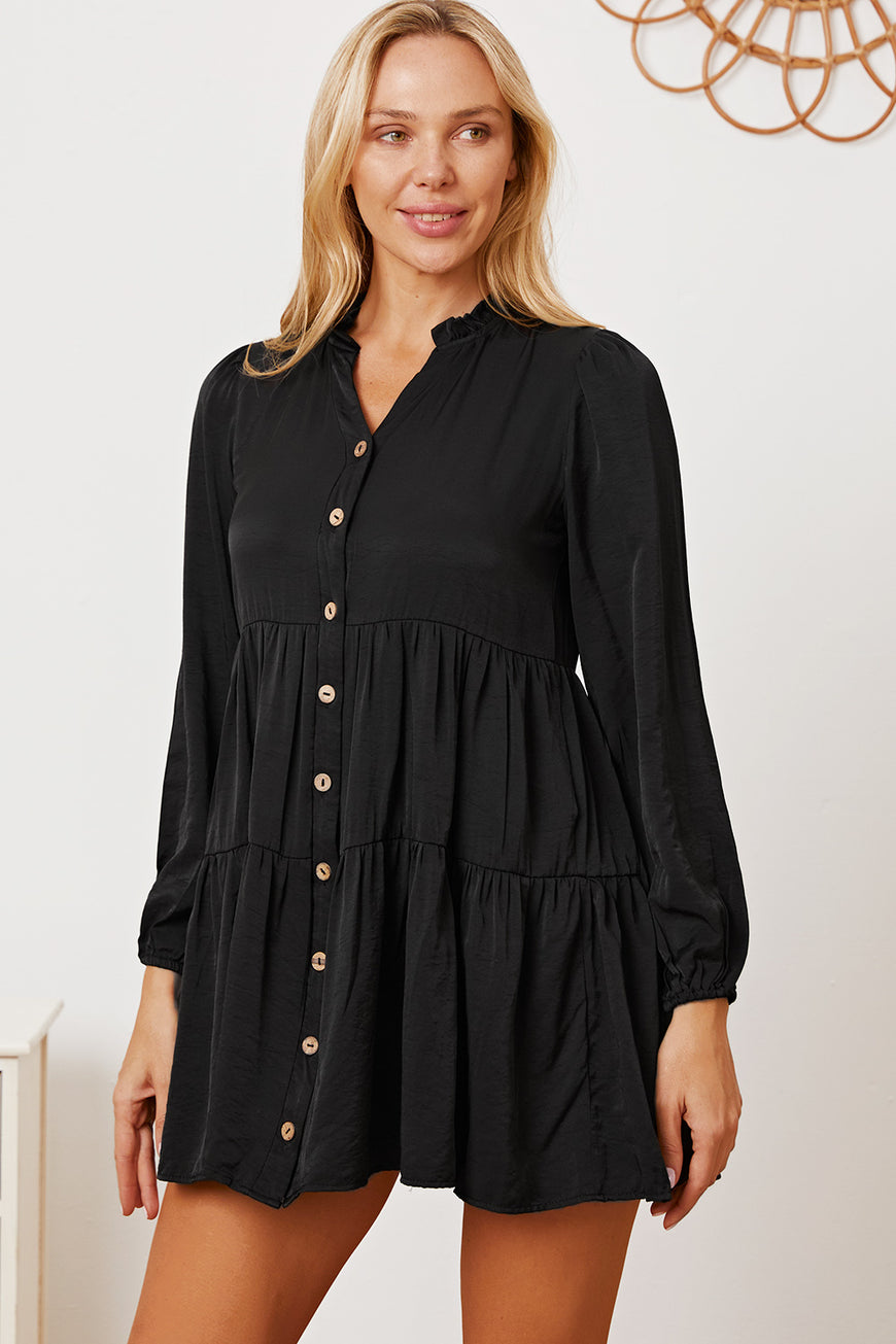 Ruffled Button Up Long Sleeve Tiered Shirt - TopFashionHQ