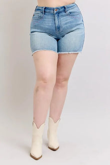 Judy Blue Plus Size High Waist Western Embroidery Detail Cut Off Denim Shorts