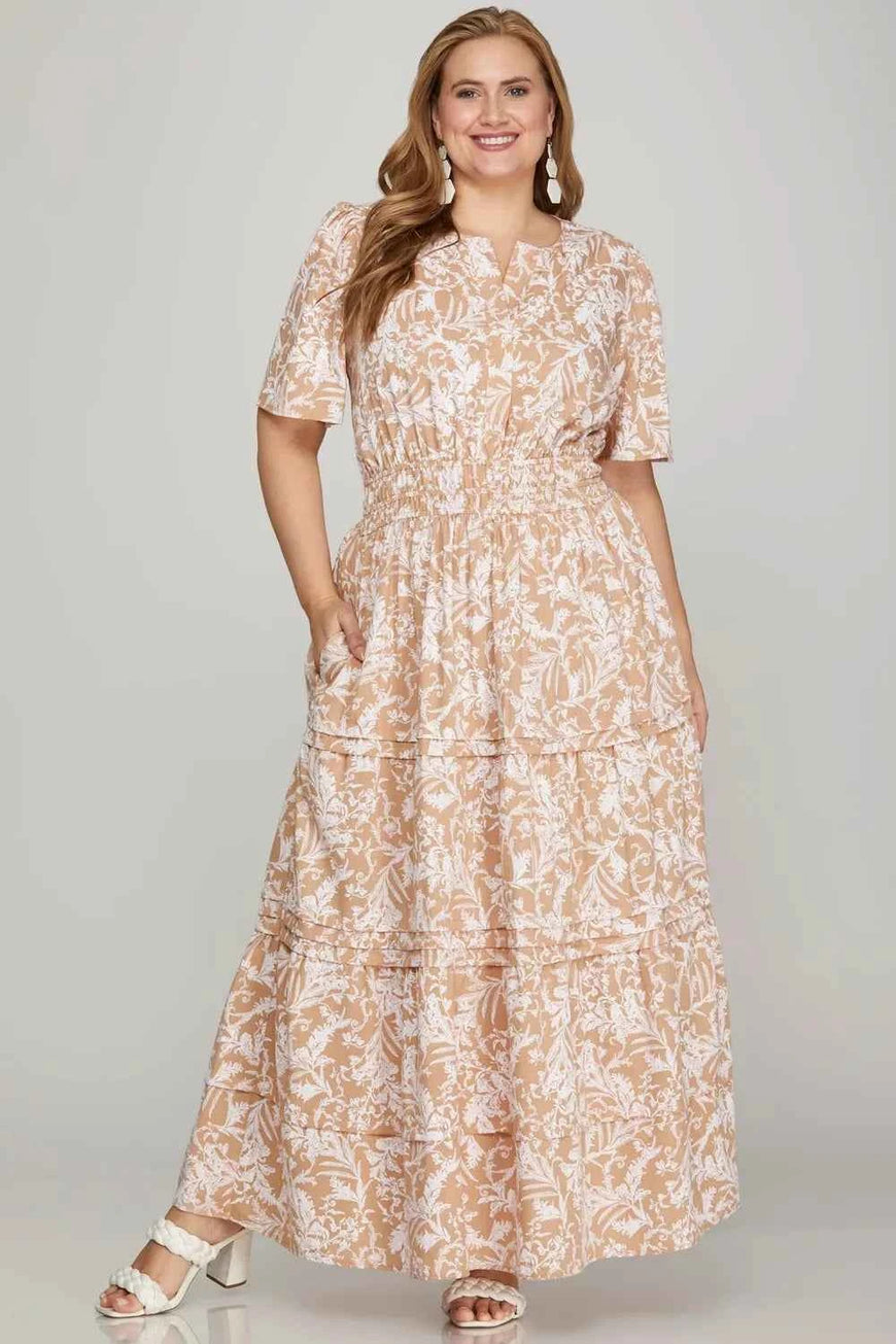 She + Sky Printed Notched Woven Tiered Pintuck Maxi Dress with Side Pockets