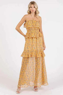 Mittoshop Ruffled Smocked Floral Halter Neck Maxi Dress