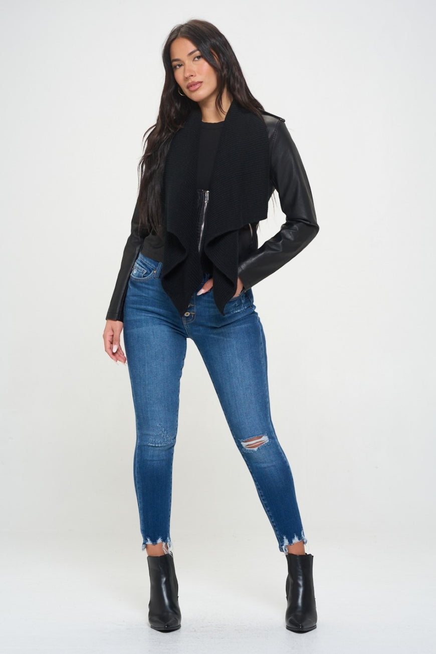 Coalition LA Knit Collared Faux Leather Crop Jacket - TopFashionHQ