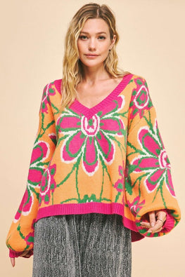 Davi & Dani Floral Contrast V-Neck Dropped Shoulder Sweater