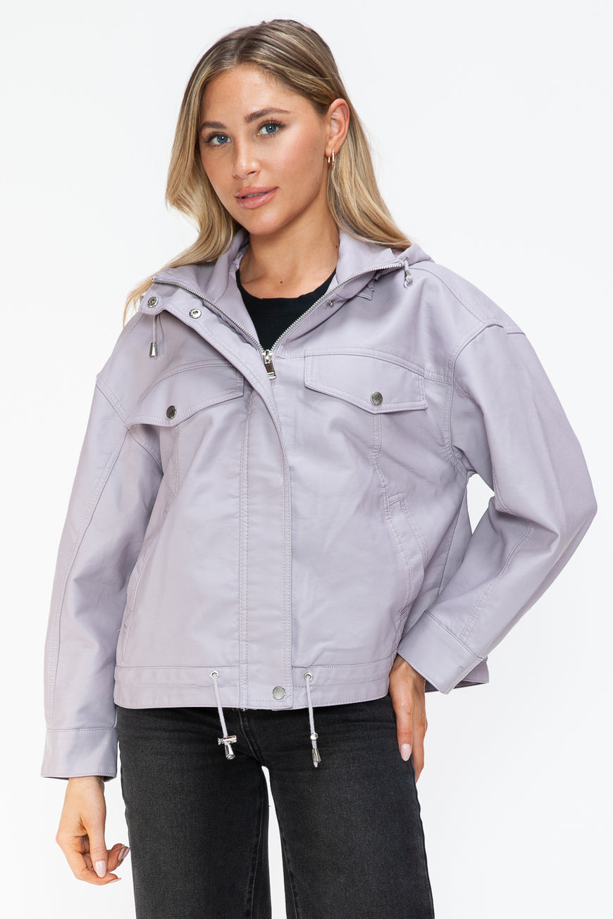 How Dare U Drawstring Hem PU Leather Zip Up Jacket - TopFashionHQ