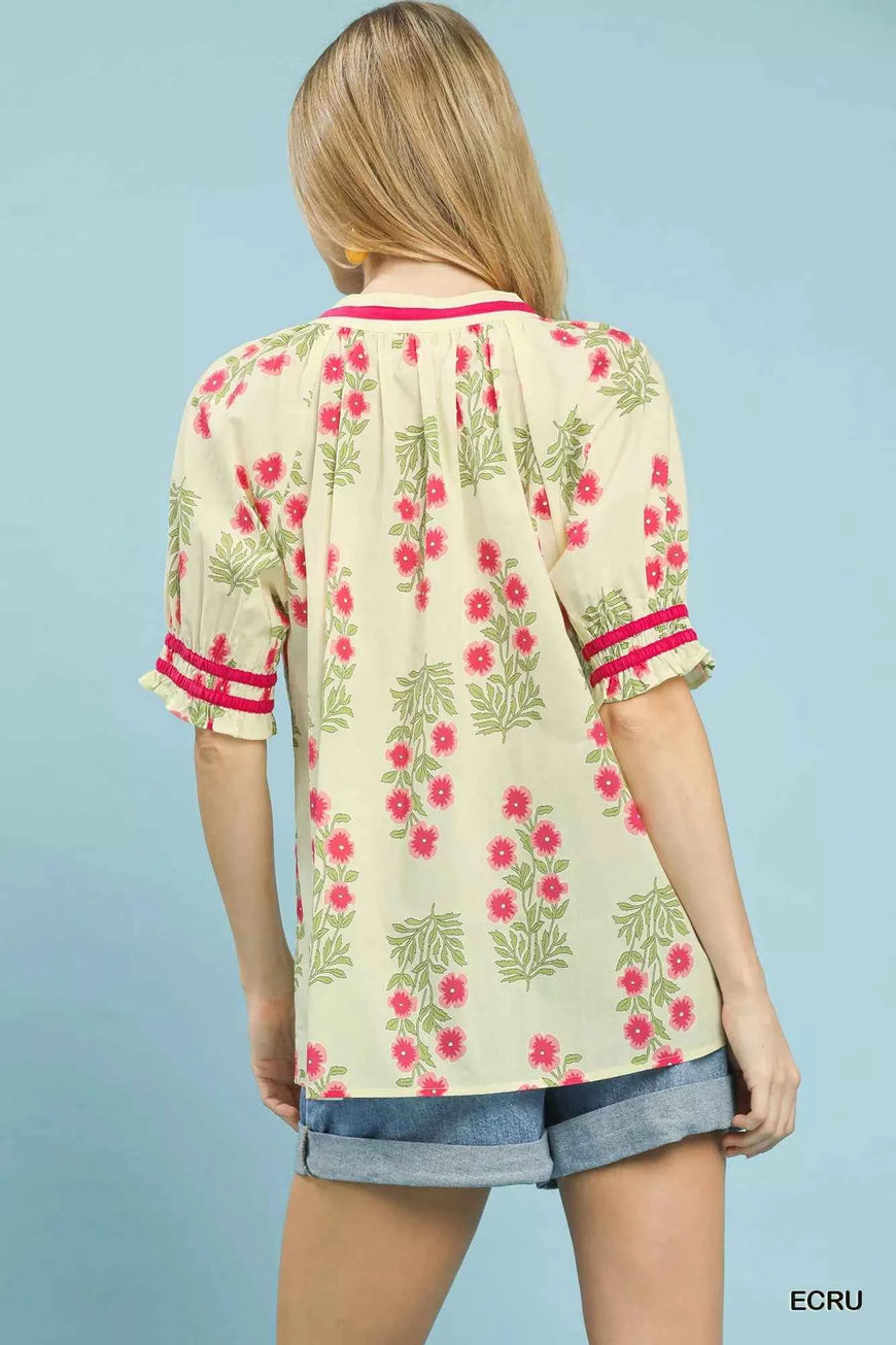 Umgee Floral V-Neck Puff Sleeve Top