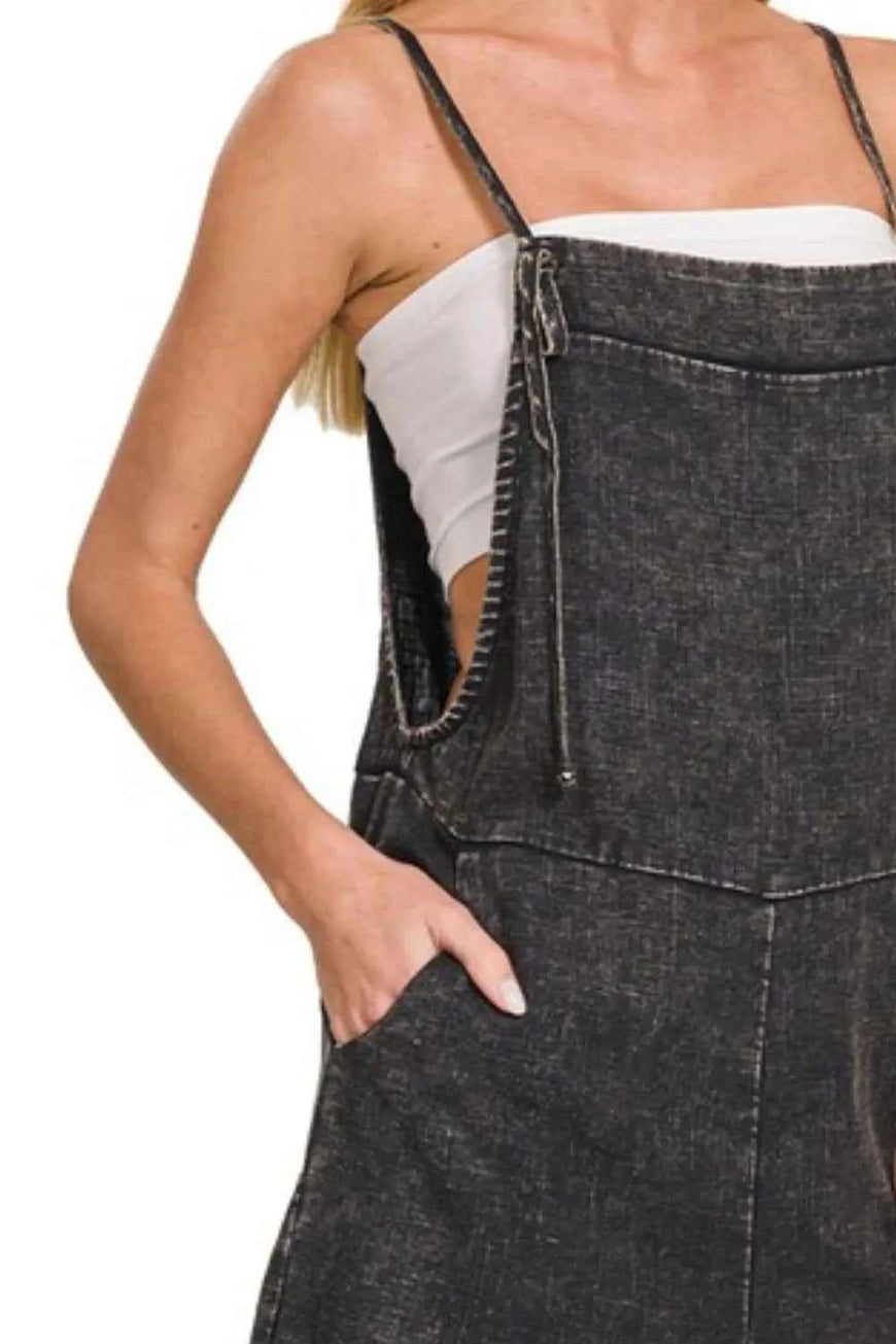 Zenana Washed Linen Knot Strap Rompers