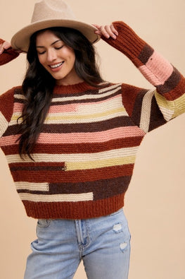 Annie Wear Color Block Round Neck Long Sleeve Sweater