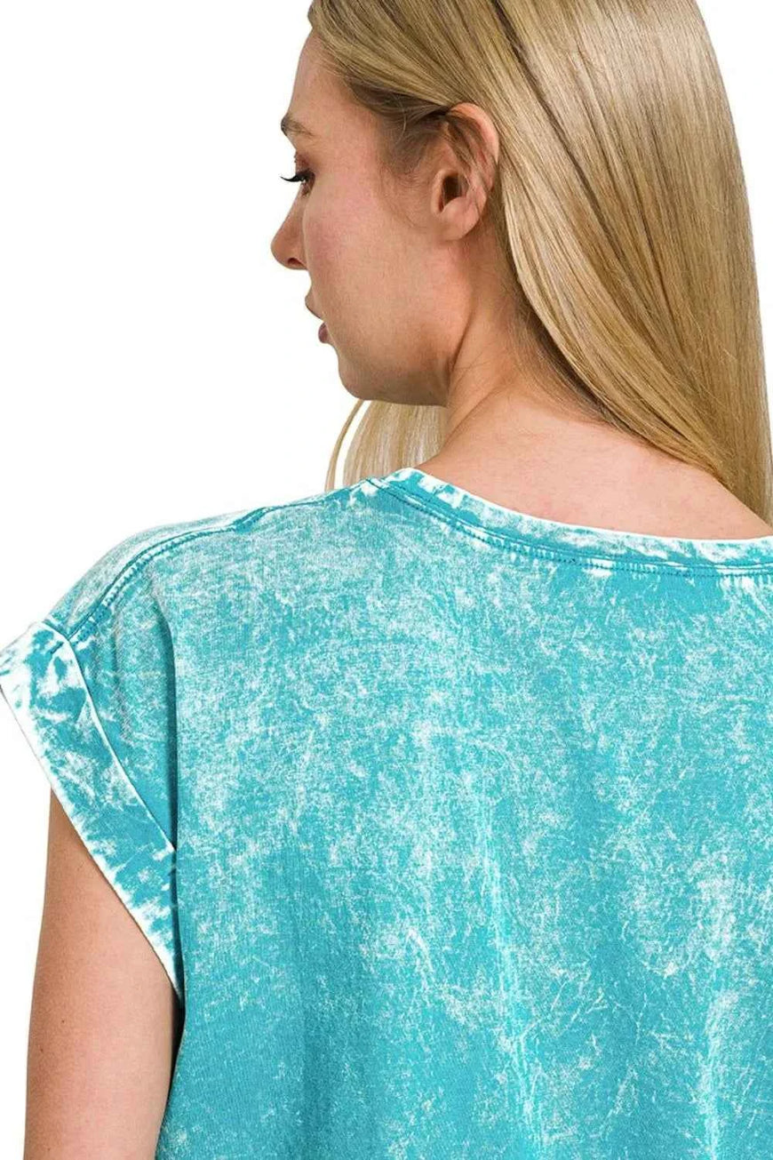 Zenana Crinkle Washed Round Neck Folded Short Sleeve Tee