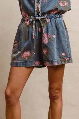 BiBi Floral Printed Denim Short Pants With Pocket