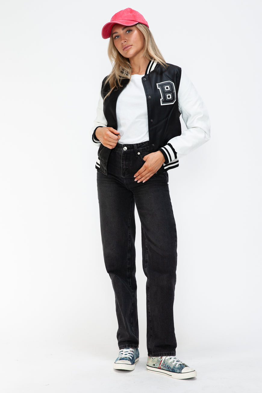 Love Me Now PU Leather Contrast Snap Down Bomber Jacket - TopFashionHQ