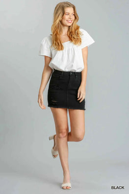 Umgee Distressed Raw Hem High Waist Denim Skirt