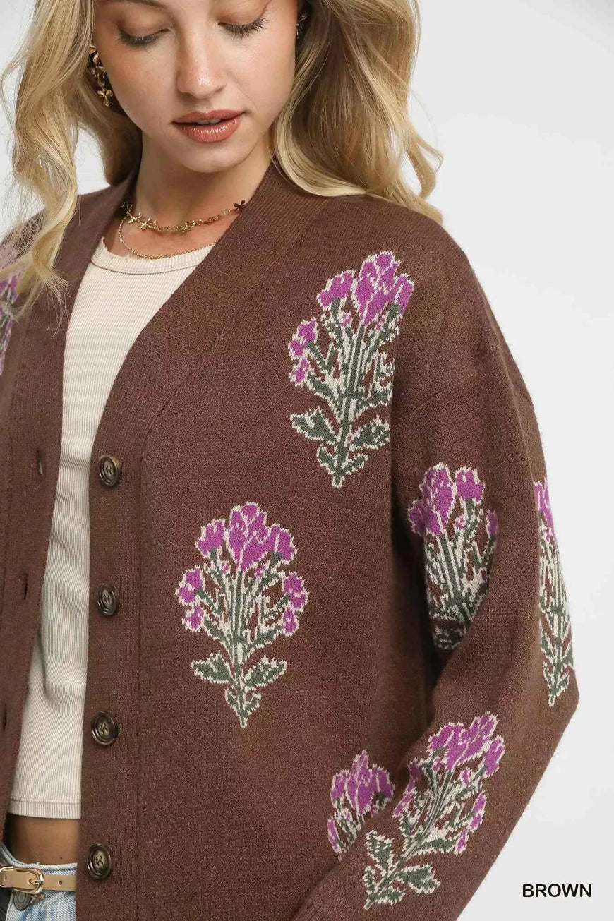 Umgee Single Flower Stem Jacquard Cardigan Sweater
