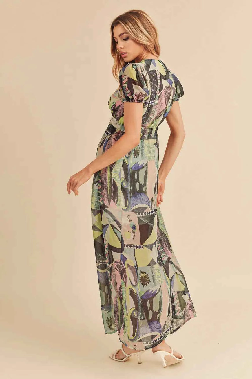 Aemi + Co Lace Detail Slit Geometric Print Short Sleeve Maxi Dress