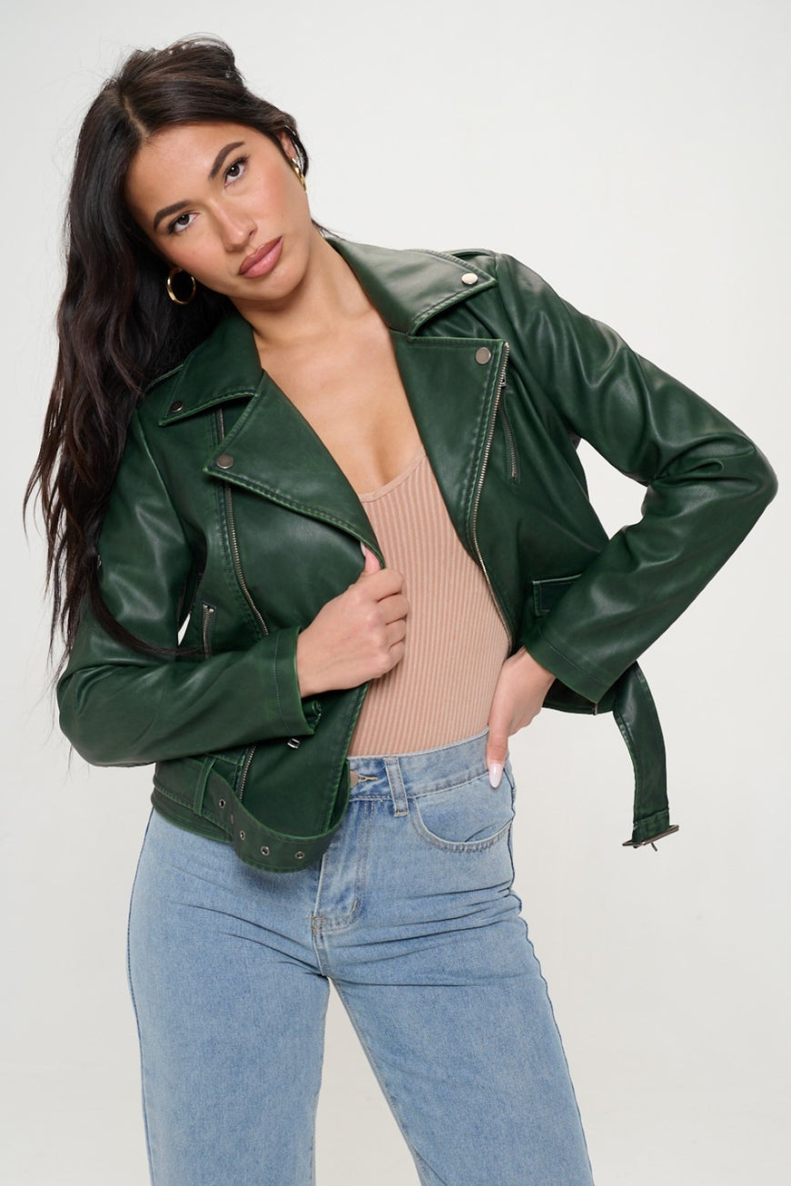 Coalition LA Zip Up Biker Jacket with Belt - TopFashionHQ